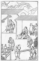 Emaljering, fra en serie illustrasjoner om fremstilling av Kina (se 384116 og 384117 for hele serien)