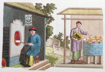 Brenning av porselen i Kina på slutten av 1700-tallet, fra La Chine en Miniature, av J.B. Breton, Paris, redigert av Nepveu, 1811 (fargegravering)