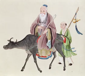 Lao-Tzu (ca. 604-531) på bøffelen sin, etterfulgt av en disippel (wc på papir)