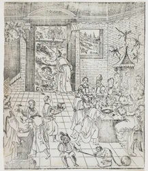 Lazarus at the House of the Rich Man, tallerken fra Giulio Alenis Tianzhu jiangsheng zhuxiang jingjie (En illustrert historie om himmelens Herre som ble inkarnert i kjødet), Jinjiang kirke, Fu