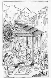Lage grove leirekasser for å holde porselen mens den er i ovnen, fra en serie illustrasjoner av produksjonen av porselen (se 384116 og 384117 for hele serien)