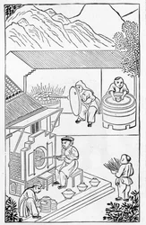 Åpning og lukking av ovner, fra en serie illustrasjoner om fremstilling av porselen (se 384116 og 384117 for hele serien)