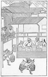 Pakking og transport av ferdige produkter, fra en serie illustrasjoner om fremstilling av Kina (se 384116 og 384117 for hele serien)