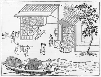 Porselensbutikker og båter for transport av porselen, fra en serie illustrasjoner om fremstilling av porselen (se 384116 og 384117 for hele serien)