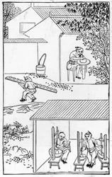 Dunkende fargene, fra en serie illustrasjoner om produksjon av porselen (se 384116 og 384117 for hele serien)