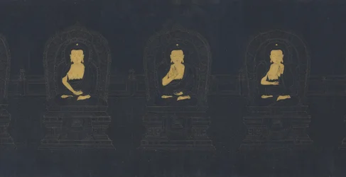 De syv buddhaene fra fortiden, muligens Ming-dynastiet (gull og hvitt pigment på mørkeblått papir)