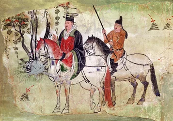 To ryttere i et landskap av, The Bodhisattva and his Equerry, Tang Period (malt stein)