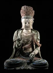 Stor sittende bodhisattva med løftede hender, Jin-dynastiet (1115-1234) (tre og pigment) (se 206547)