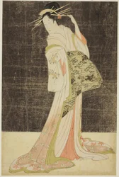 Et utvalg av skjønnhet fra fornøyelseskvarteret (Seiro bijin awase): Kurtisaner ansatt for nyttårsferien - Takigawa of the Ogiya, ca. 1794 (farget treblokktrykk; oban)