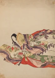 Sittende hoffdame, lent fremover med en vifte, plansje fra albumet: Nishiki-zuri onna sanju rokkasen e-zukushi