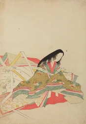 Sittende hoffdame i en drakt med hoo-fuglemønster, tavle fra albumet: Nishiki-zuri onna sanju rokkasen e-zukushi
