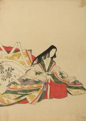 Sittende hoffdame, støttet mot en vifte, blad fra albumet: Nishiki-zuri onna sanju rokkasen e-zukushi