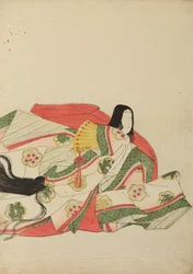Sittende hoffdame med en gul vifte, plansje fra albumet: Nishiki-zuri onna sanju rokkasen e-zukushi