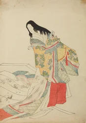 Stående hoffdame med vifte, plate fra albumet: Nishiki-zuri onna sanju e-zukushi