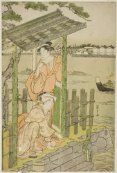 Samling ved et tehus ved bredden av elven Sumida