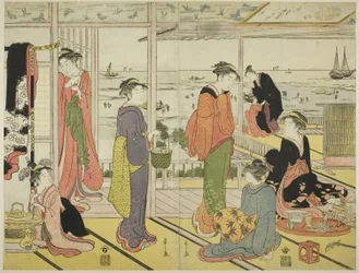 I et fornøyelseshus i Shinagawa (Shinagawa no rojo) (fargetresnitt; to ark fra en oban-triptykon)