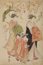 Oiran Renzan, født Tawaraya, sammen med en ledsagerinne og de to kamuroene Chidori og Tatsuta