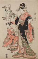 Oiran Seyama fra huset Matsuba-ya med sine kamuro Iroka og Yukari, fra serien: Åpningsfeiring for det nye huset Matsuba-ya