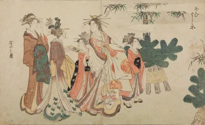 Oiran under en nyttårspromenade, omgitt av to shinzo og to kamuro