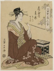 Courtesan Ariwara fra Tsuruya sitter ved en røykekiste (fra serien A Collection of Modern Beauties)