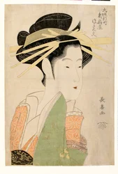 Portrait de la courtisane Tsukasa Dayu av Higashi Ogiya i Osakas Shinmachi-distrikt - Farge linosnitt av Eishosa