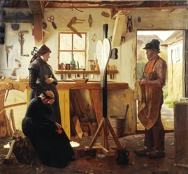 To kvinner besøker landsbykunstneren for å se det bestilte gravkorset