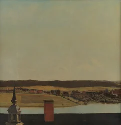 Takryggen på Frederiksborg slott med utsikt over innsjøen, byen og skogen