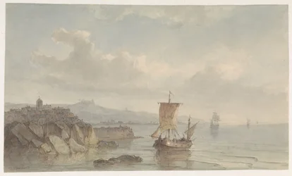 Kystlandskap med havn og skip på vannet
