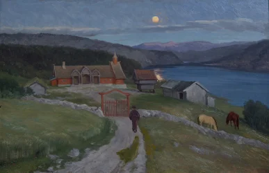 Endelig kom han til en stor gård (olje på lerret)