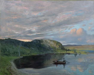 Sommerkveld ved en høyfjellssjø (olje på lerret)