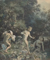 Elvebredden med tre badende gutter, 1800-tallet.