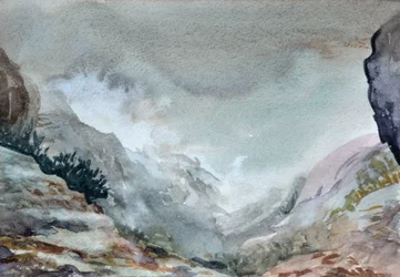 Dal i tåke, 2015 (akvarell på papir)