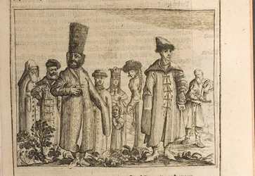 Tradisjonell kjole av Moscovites Illustrasjon fra reiser til den store hertugen av Muscovy og slekten