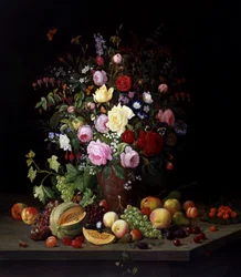 Stilleben av blomster og frukt. Maleri av Christian Mollback (1853–1921). Privat samling.