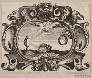 Emblem med sol som stråler gjennom en ring og gjennom et brennende glass for å tenne en brann