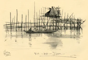 Hus på stylter og fiskere i Singapore havn, 1898.