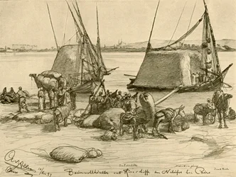 Laster bomull på kornbåter, Nilen, Kairo, Egypt, 1898.