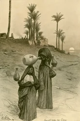 Kvinner som bærer vannpotter på bredden av Nilen, Kairo, Egypt, 1898.