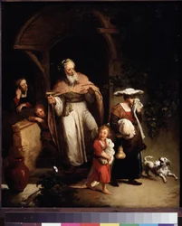 (Utvisningen av Hagar) Ismael er den første sønnen til Abraham med Hagar (Hagar), den egyptiske tjeneren til hans kone Sara. Etter at Isak er født, blir Ismael og Hagar drevet bort. Maleri av Christian Wilhelm Ernst Dietrich (1712-1774) Muse fra 1700-talle