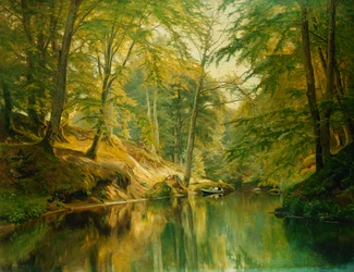 Et skogkledd elvelandskap med figurer i en båt, 1893