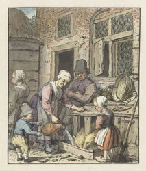 Bondefamilie som mater grisene