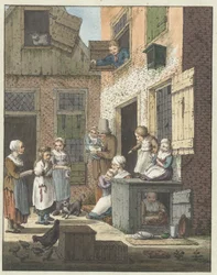 Gruppe mennesker foran et hus