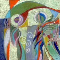 Bebudelse, ca. 1999 (fargeblyant, gouache og bladgull på skifer)