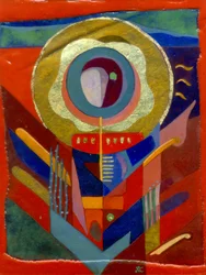 Rød engel, ca. 2005 (eggetempera på gesso-panel med bladgull)