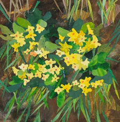 Southolt-primulaer, 2025 (akvarellmalt papirkollasj)