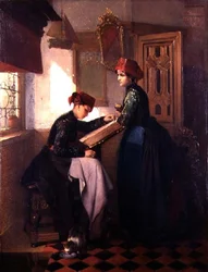 Hindeloopen Girls in an Interior (olje på panel)