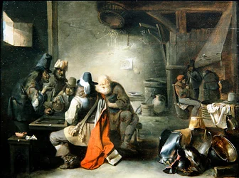 En gruppe figurer som spiller backgammon (olje på panel)
