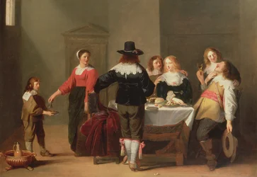 Et vaktromsinteriør med soldater som spiser og drikker i kvinnelig selskap, 1639