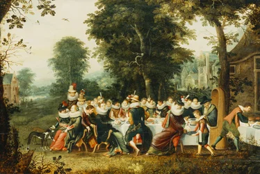 Elegante figurer som sitter ved et bankettbord i en skogkledd lysning,