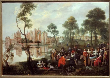 Snack i en galant scenepark. Maleri av Christophe Van der Lamen (1606-1651)